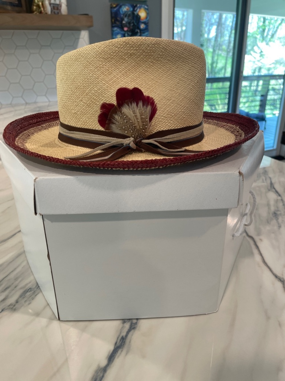 Lilliput Hats from Canada Natural Straw Fedora Hat w/ Burgundy Trim and Feather